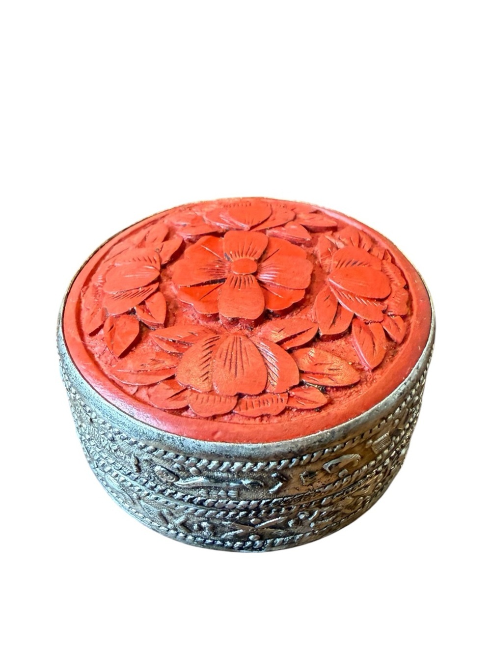 Vintage Chinese Cinnabar Style Floral Trinket Box Beijing Lacquer Style
